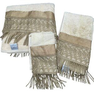 croscill home 3 piece bath towel set RN 21857 floral fringe cotton cream READ